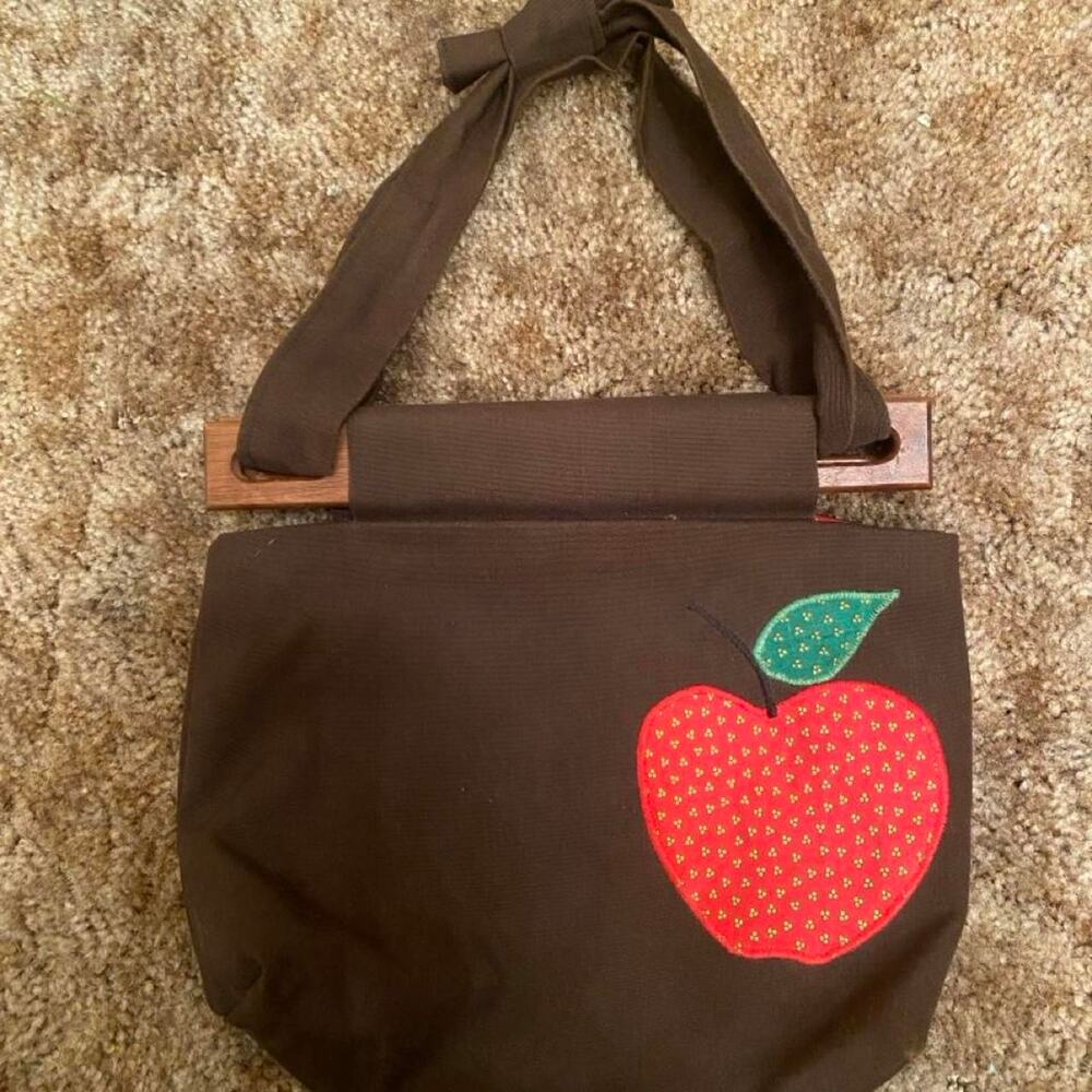 Vintage Canvas Handbag w Wooden Dowel Top Apple Retro Teacher Cottagecore Tote
